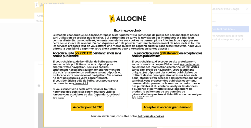 allocine cookie wall